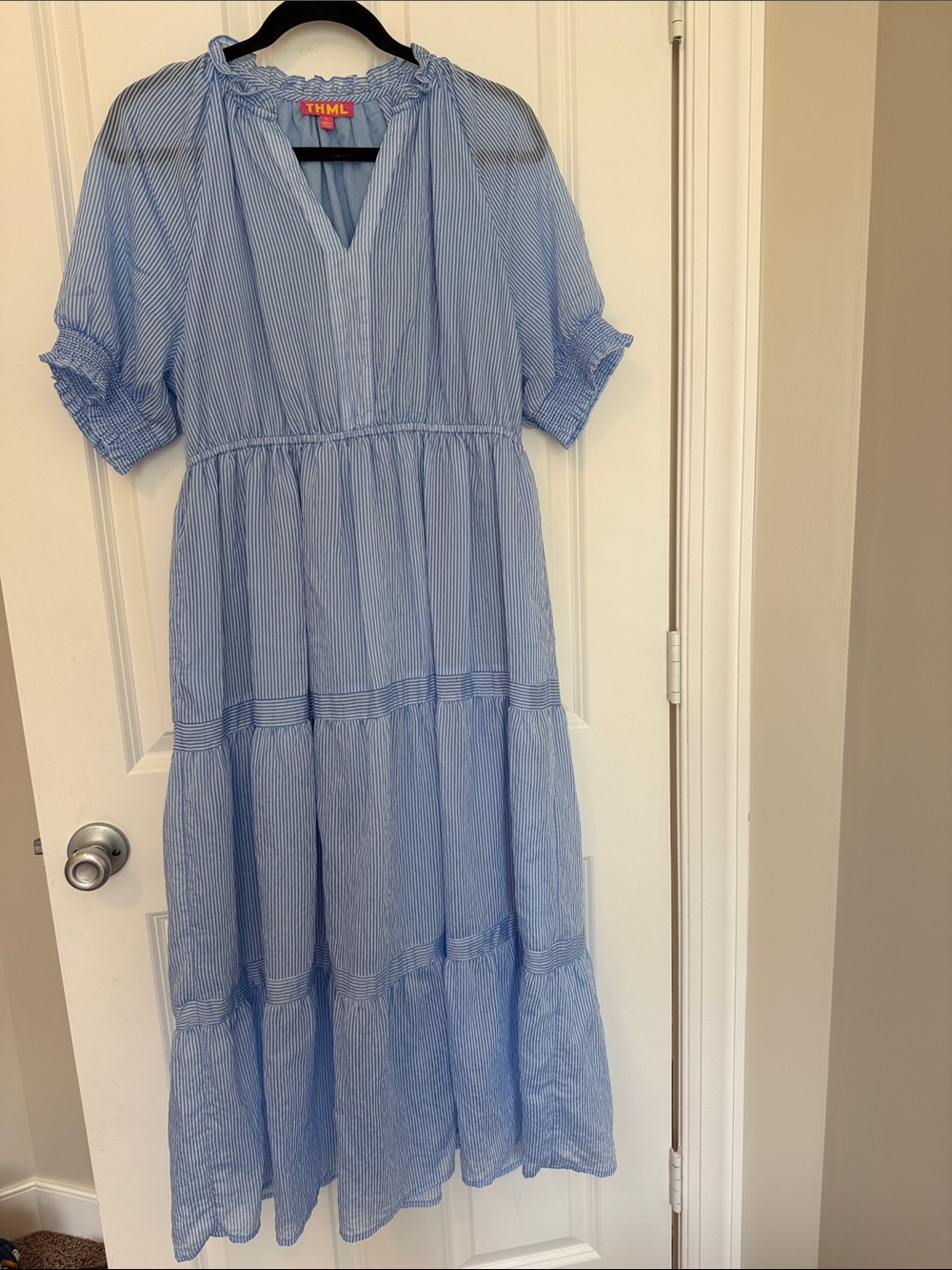 THML blue and white striped tiered maxi dres